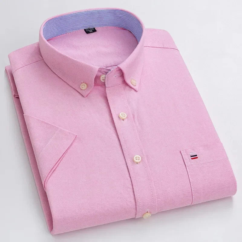Men's high-quality Oxford cotton short sleeved shirt for summer comfort breathable classic solid color plaid business leisure Quick Pick Grocers